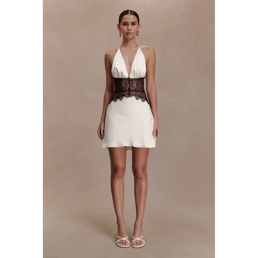 Meshki Dinah Lace and Satin Mini Dress Black Ivory XXS New With Tags